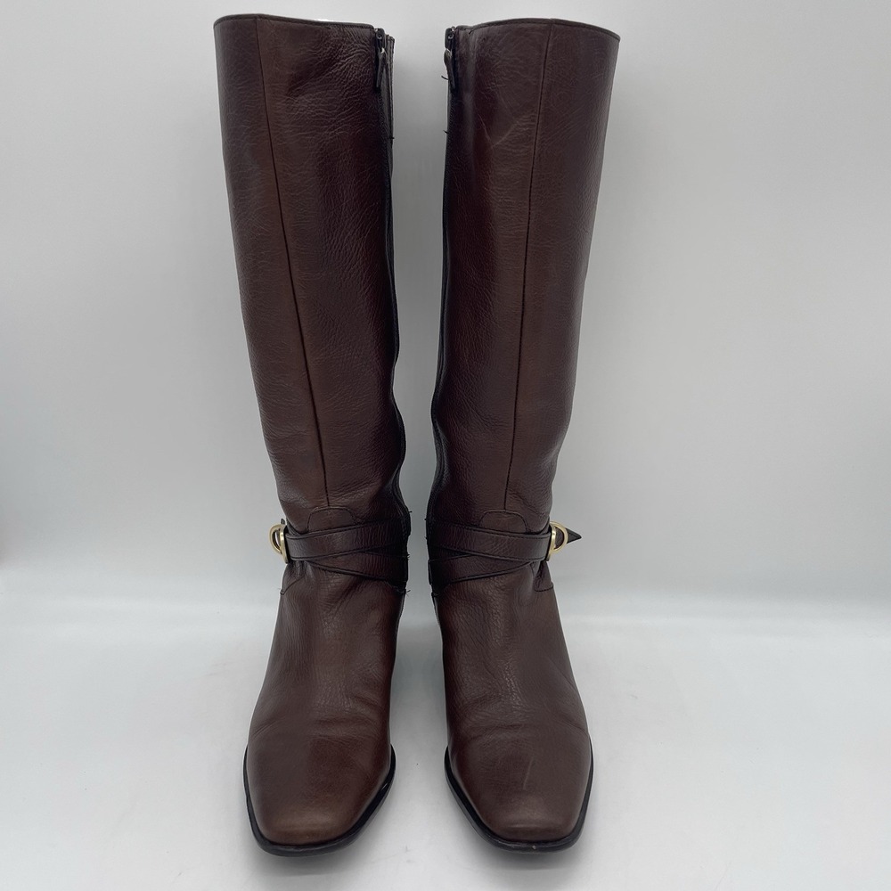 Talbots Womens 7AA Riding Boots Tall Brown Pebbled Leather Gold Buckle Full Zip - Picture 3 of 16